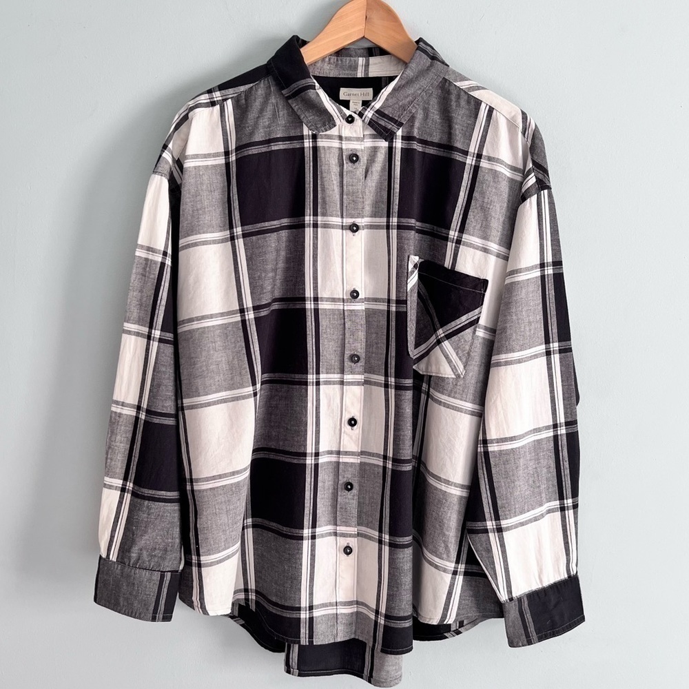 Garnet Hill Essential Boyfriend Black White Large Check Cotton Casual Shirt